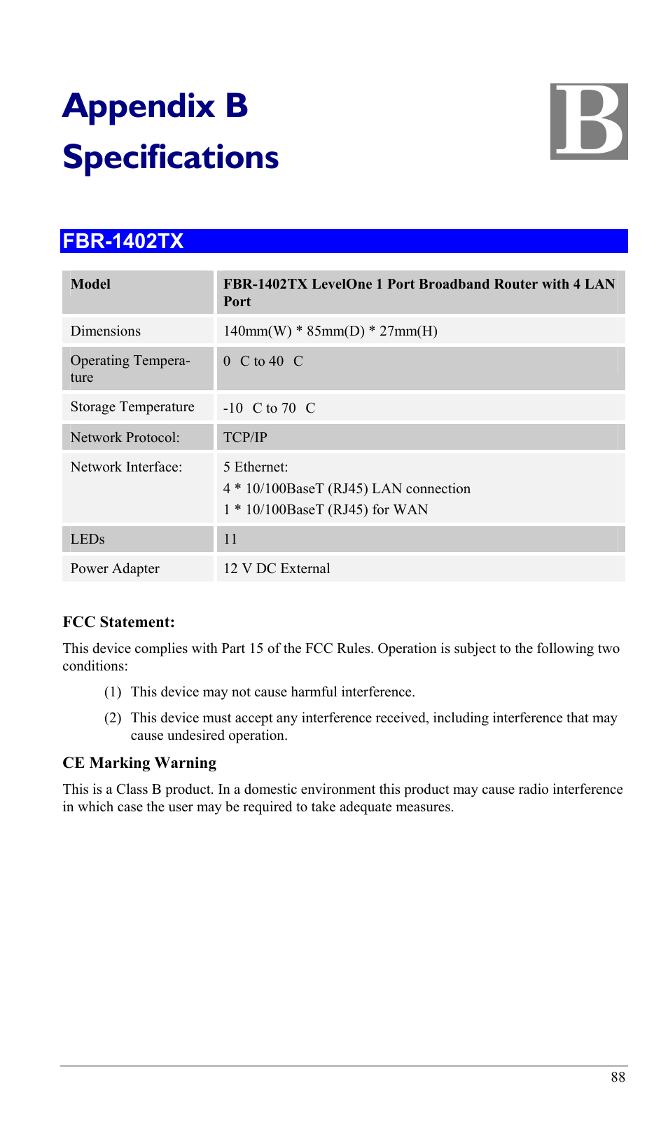 Appendix b specifications, Fbr-1402tx, Appendix b | Specifications | LevelOne FBR-1402TX User Manual | Page 91 / 92
