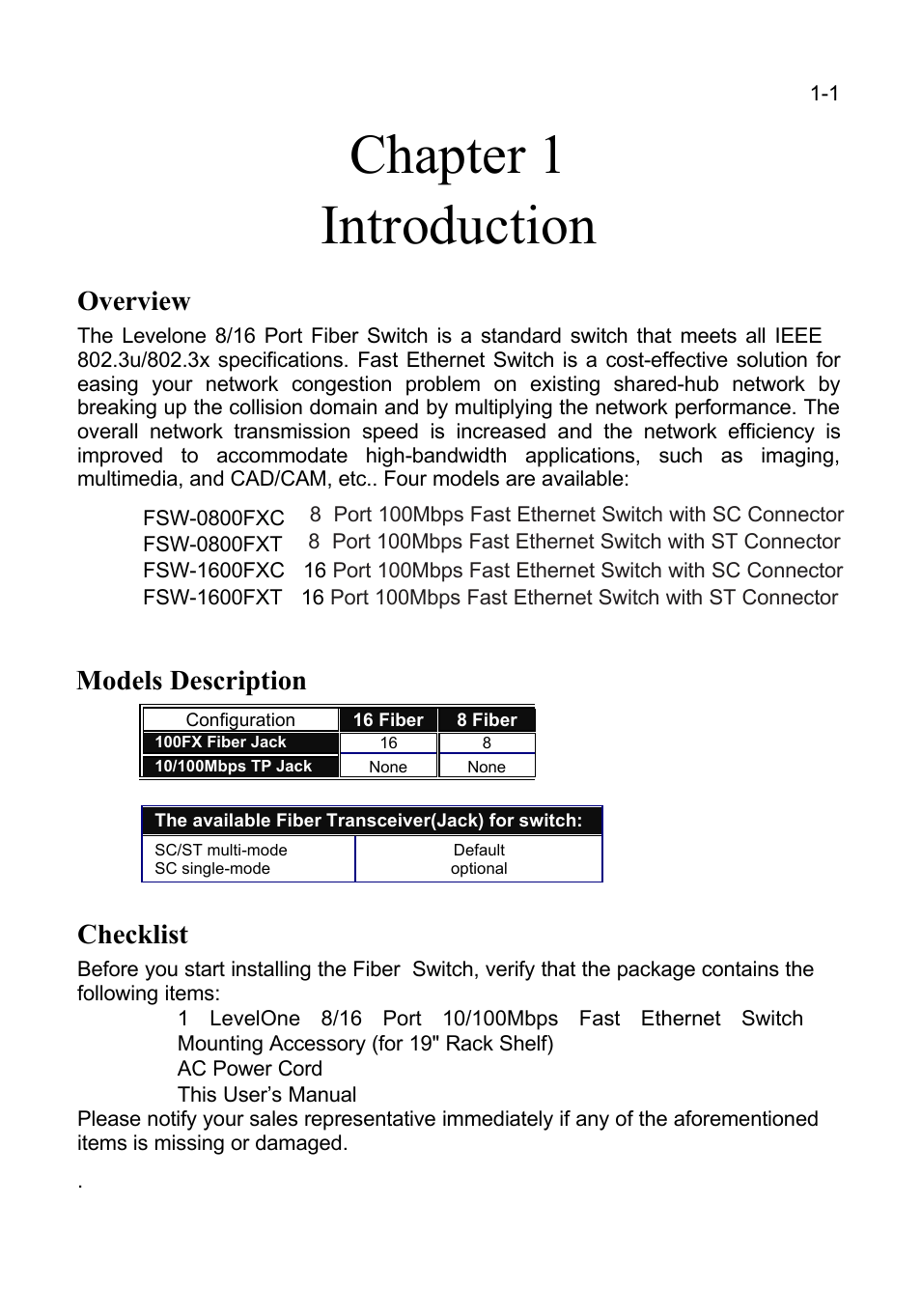 Chapter 1 introduction, Overview, Models description | Checklist | LevelOne FSW-1600FXT User Manual | Page 4 / 14