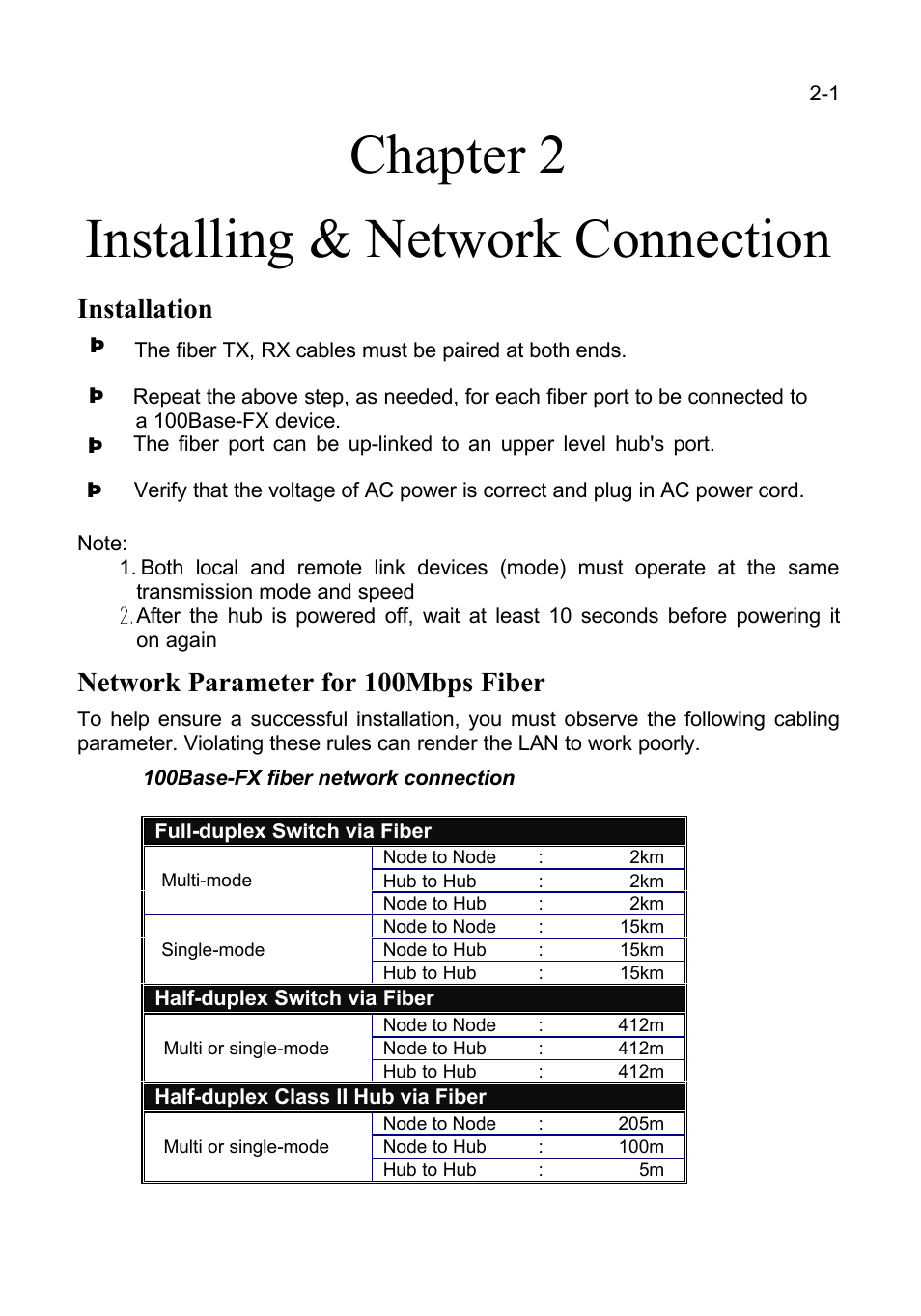 Chapter 2 installing & network connection, Installation, Network parameter for 100mbps fiber | LevelOne FSW-1600FXT User Manual | Page 5 / 14