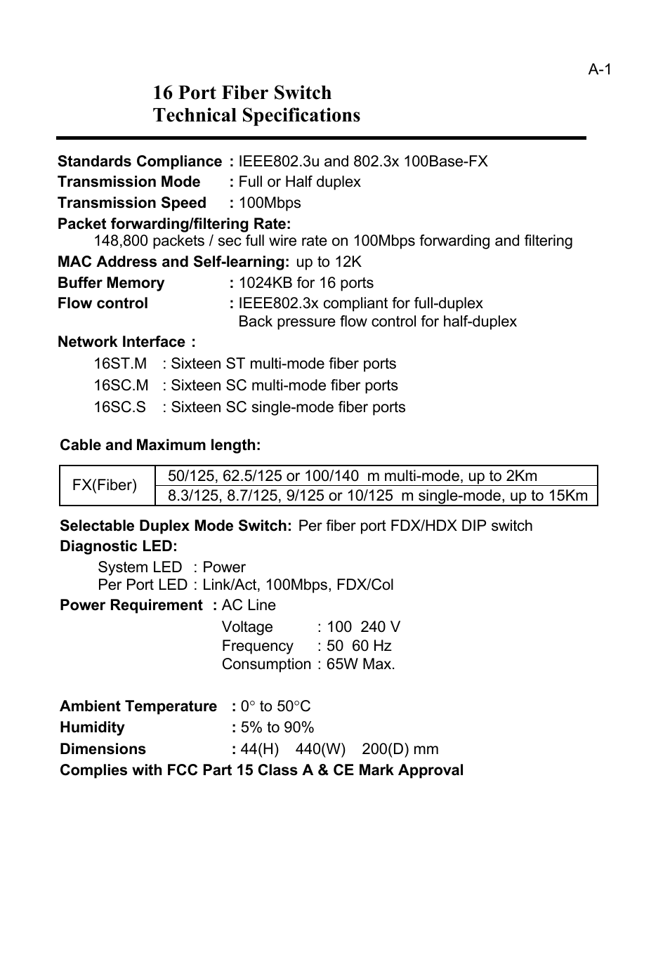 16 port fiber switch technical specifications | LevelOne FSW-1600FXT User Manual | Page 7 / 14