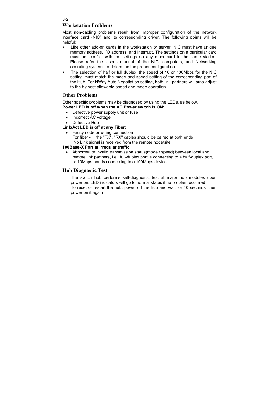 Workstation problems, Other problems, Hub diagnostic test | LevelOne FSW-1600FXT User Manual | Page 9 / 14