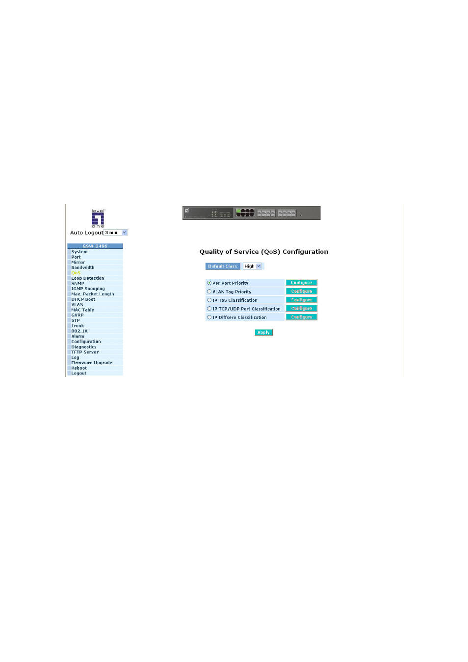 Uality of, Ervice, Onfiguration | 5. qos(quality of service) configuration | LevelOne ProCon GSW-2496 User Manual | Page 68 / 247