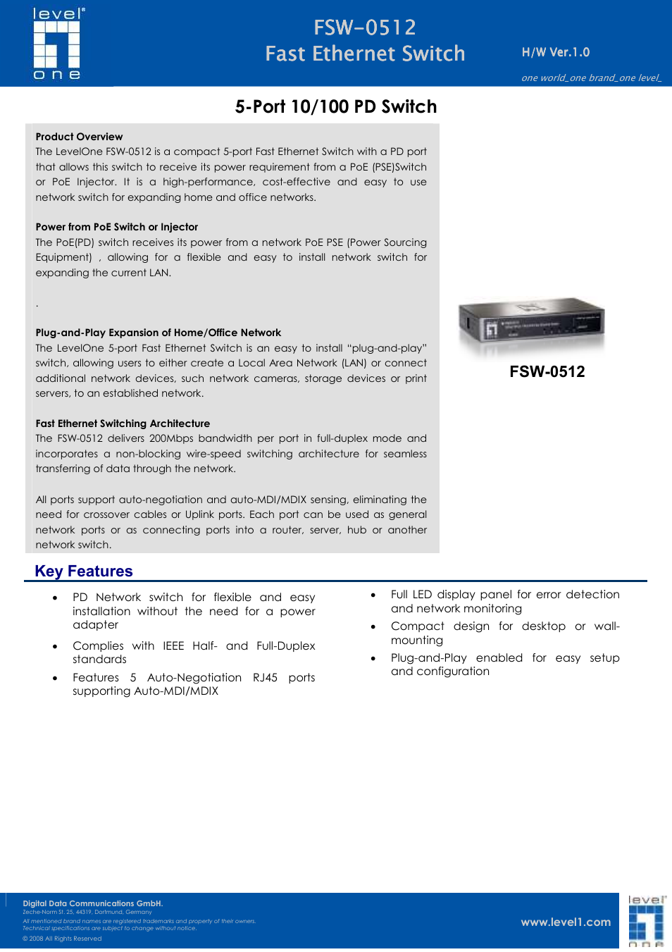 LevelOne FSW-0512 User Manual | 2 pages