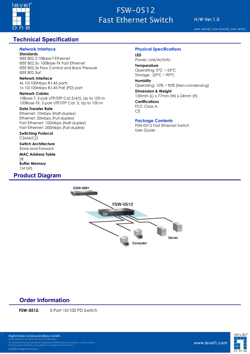 Technical specification, Product diagram, Order information | LevelOne FSW-0512 User Manual | Page 2 / 2