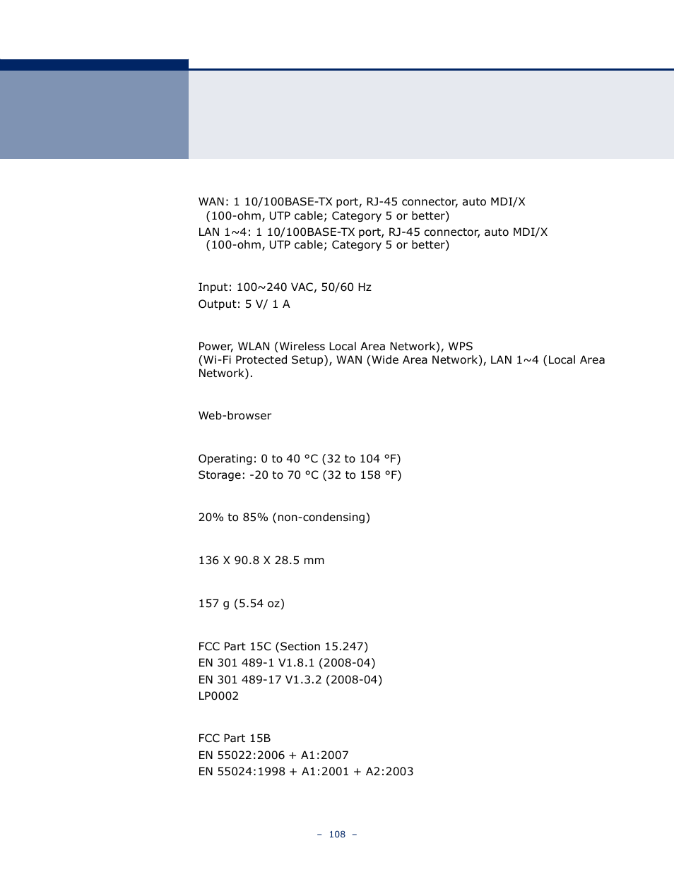 Ardware, Pecifications | LevelOne WBR-6005 User Manual | Page 108 / 124
