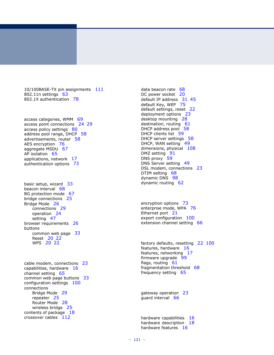 Ndex | LevelOne WBR-6005 User Manual | Page 121 / 124