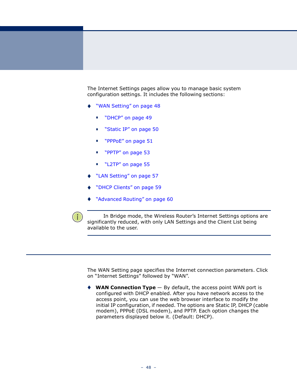 Nternet, Ettings, Wan s | LevelOne WBR-6005 User Manual | Page 48 / 124