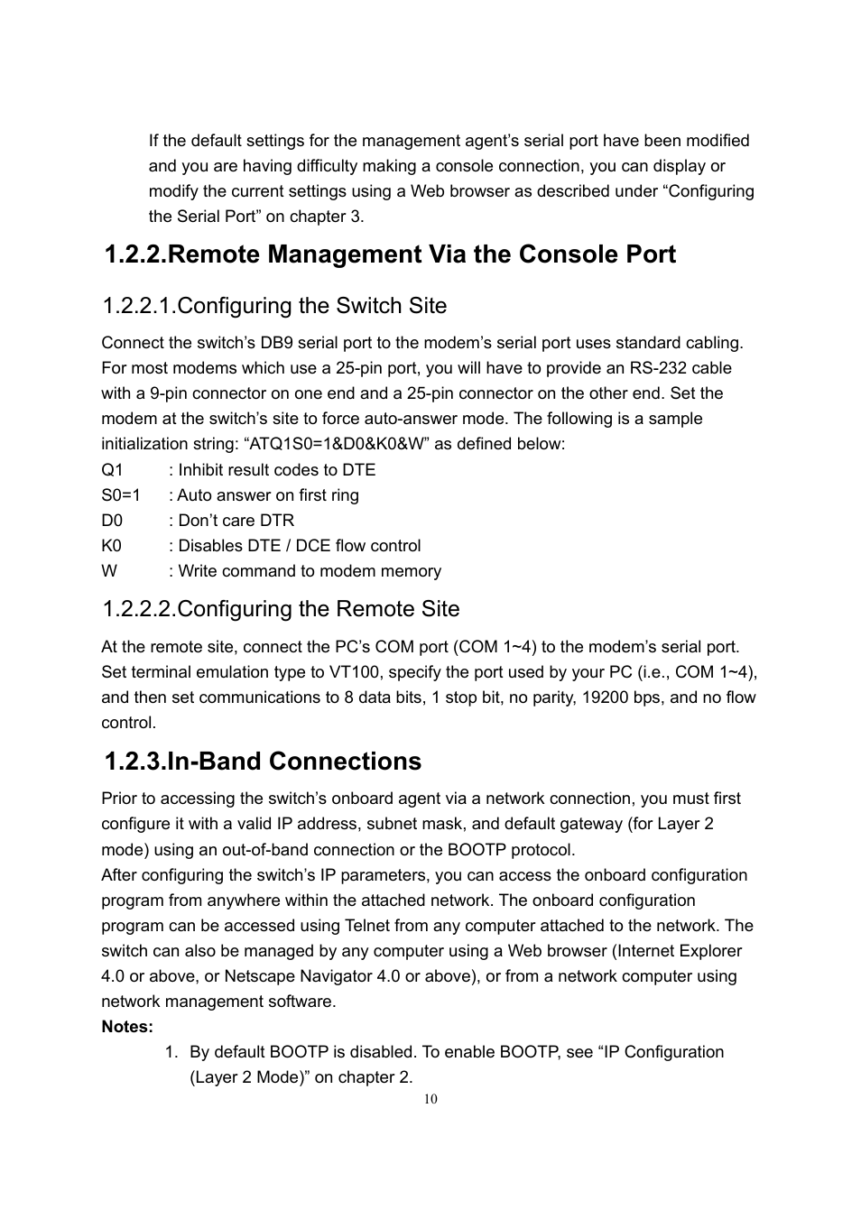 Remote management via the console port, In-band connections, Configuring the switch site | Configuring the remote site | LevelOne GSW-2600TXM User Manual | Page 10 / 200