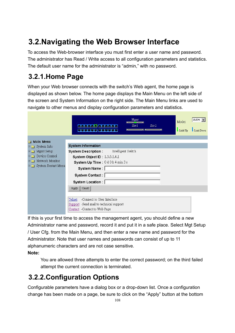 Navigating the web browser interface, Home page, Configuration options | LevelOne GSW-2600TXM User Manual | Page 108 / 200
