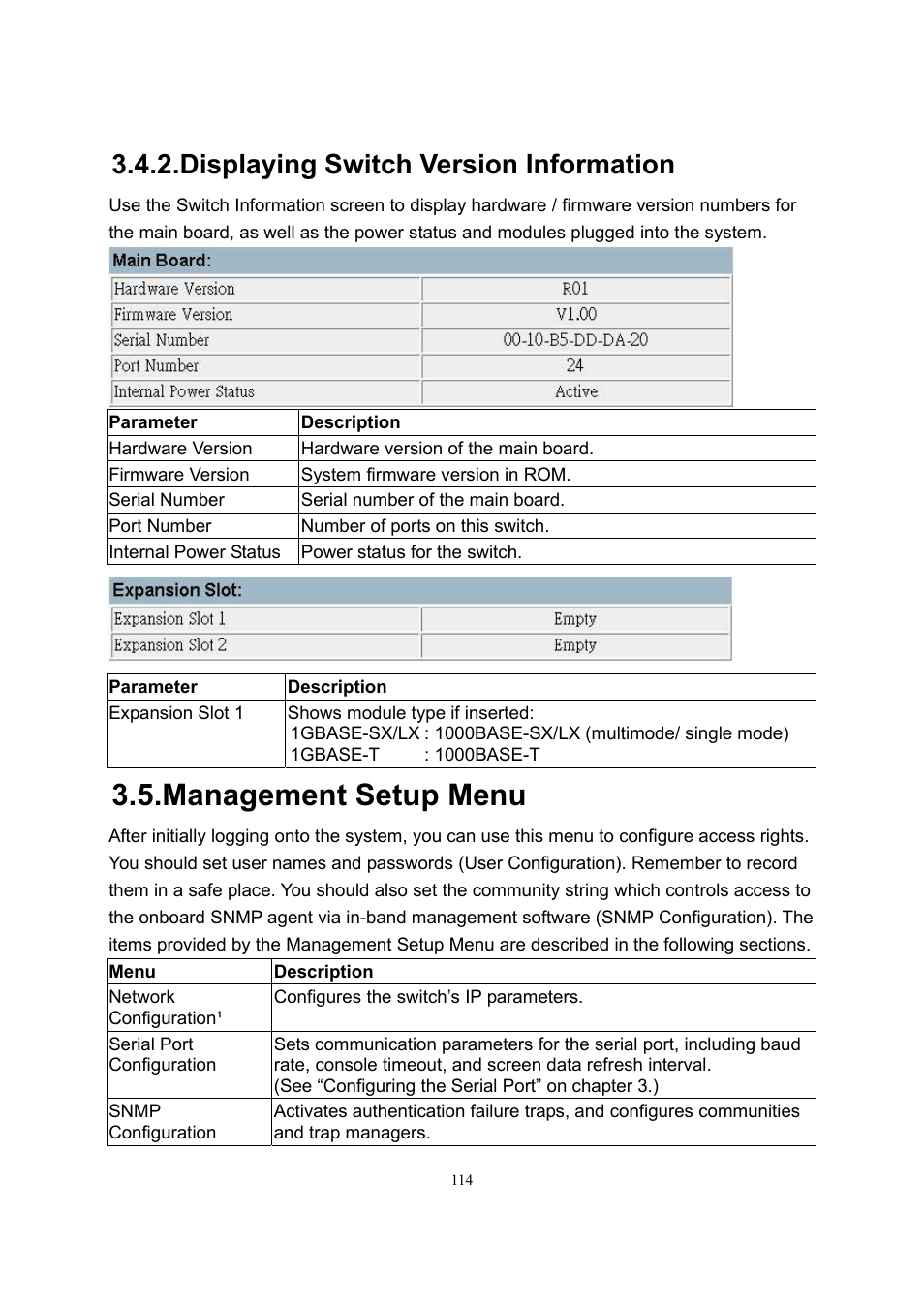 Management setup menu, Displaying switch version information | LevelOne GSW-2600TXM User Manual | Page 114 / 200