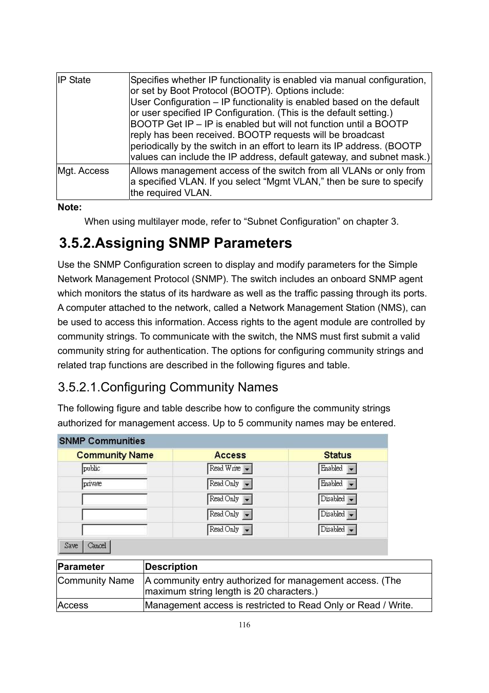 Assigning snmp parameters, Configuring community names | LevelOne GSW-2600TXM User Manual | Page 116 / 200