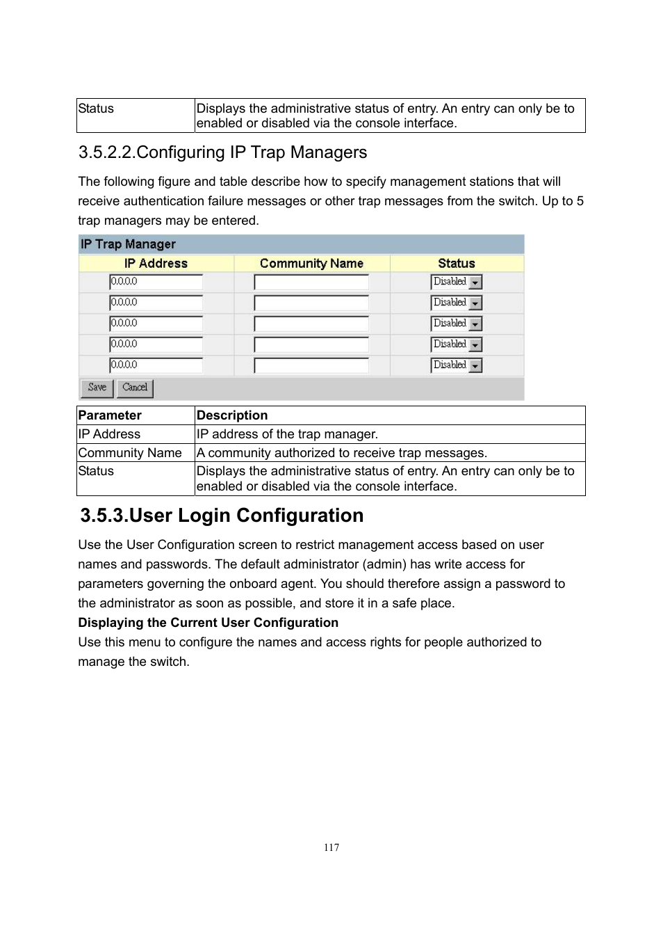 User login configuration, Configuring ip trap managers | LevelOne GSW-2600TXM User Manual | Page 117 / 200