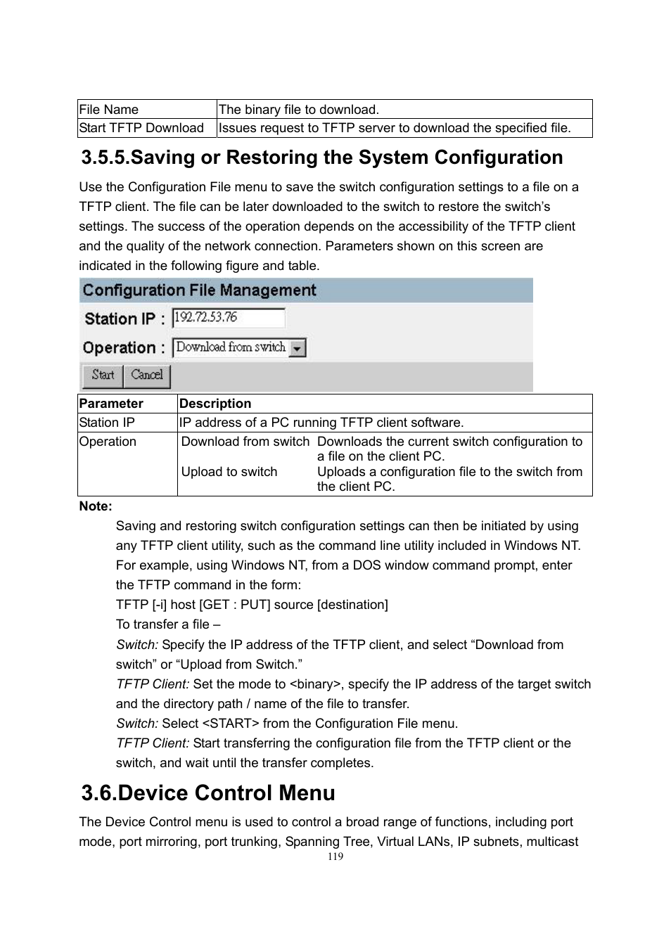 Device control menu, Saving or restoring the system configuration | LevelOne GSW-2600TXM User Manual | Page 119 / 200