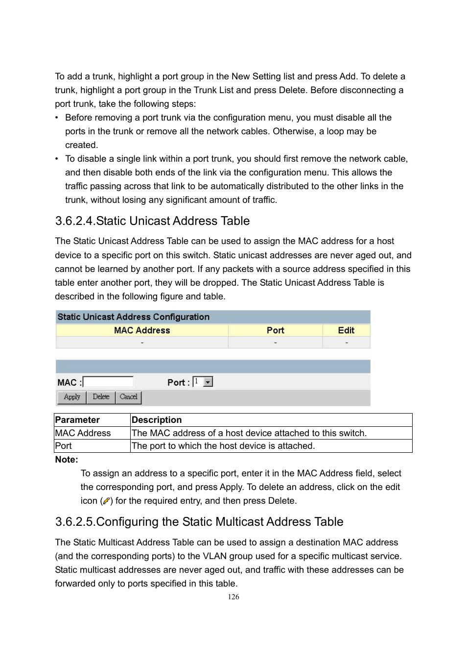 Static unicast address table, Configuring the static multicast address table | LevelOne GSW-2600TXM User Manual | Page 126 / 200