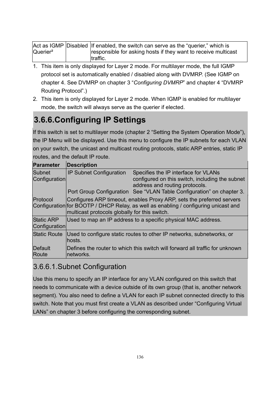 Configuring ip settings, Subnet configuration | LevelOne GSW-2600TXM User Manual | Page 136 / 200