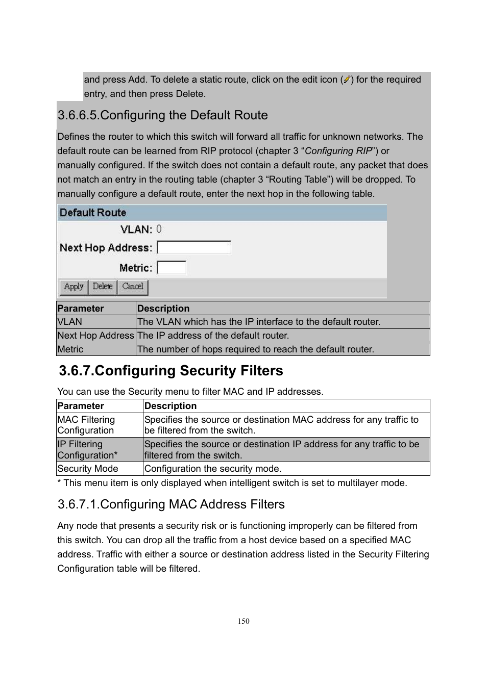 Configuring security filters, Configuring the default route, Configuring mac address filters | LevelOne GSW-2600TXM User Manual | Page 150 / 200