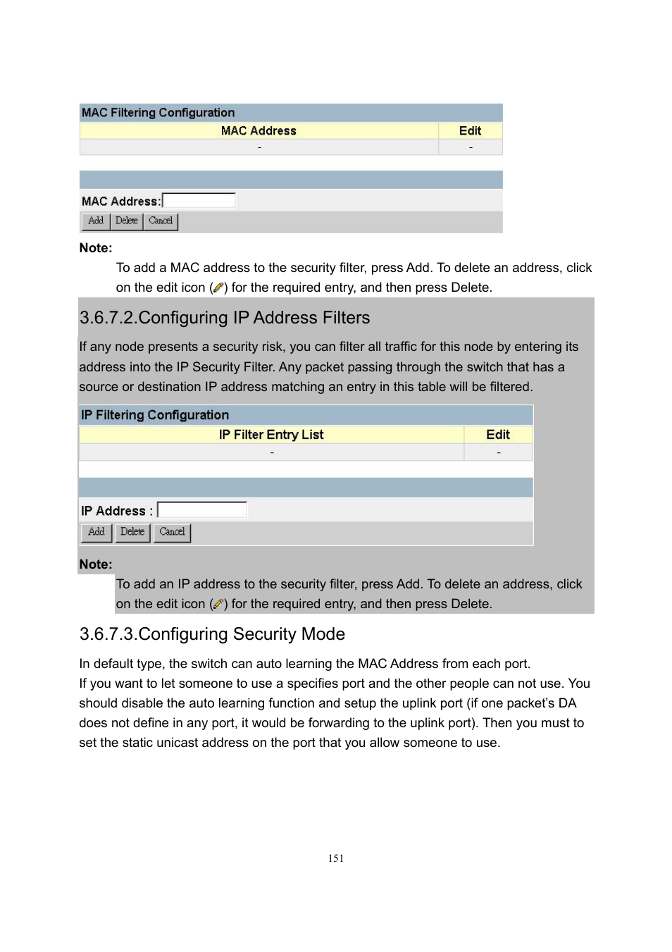 Configuring ip address filters, Configuring security mode | LevelOne GSW-2600TXM User Manual | Page 151 / 200