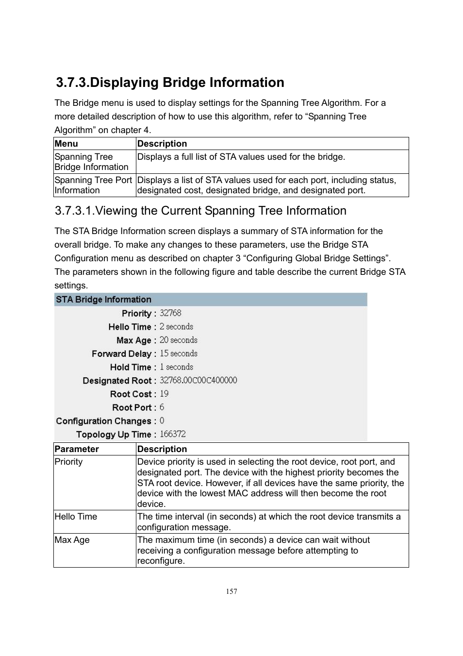 Displaying bridge information, Viewing the current spanning tree information | LevelOne GSW-2600TXM User Manual | Page 157 / 200