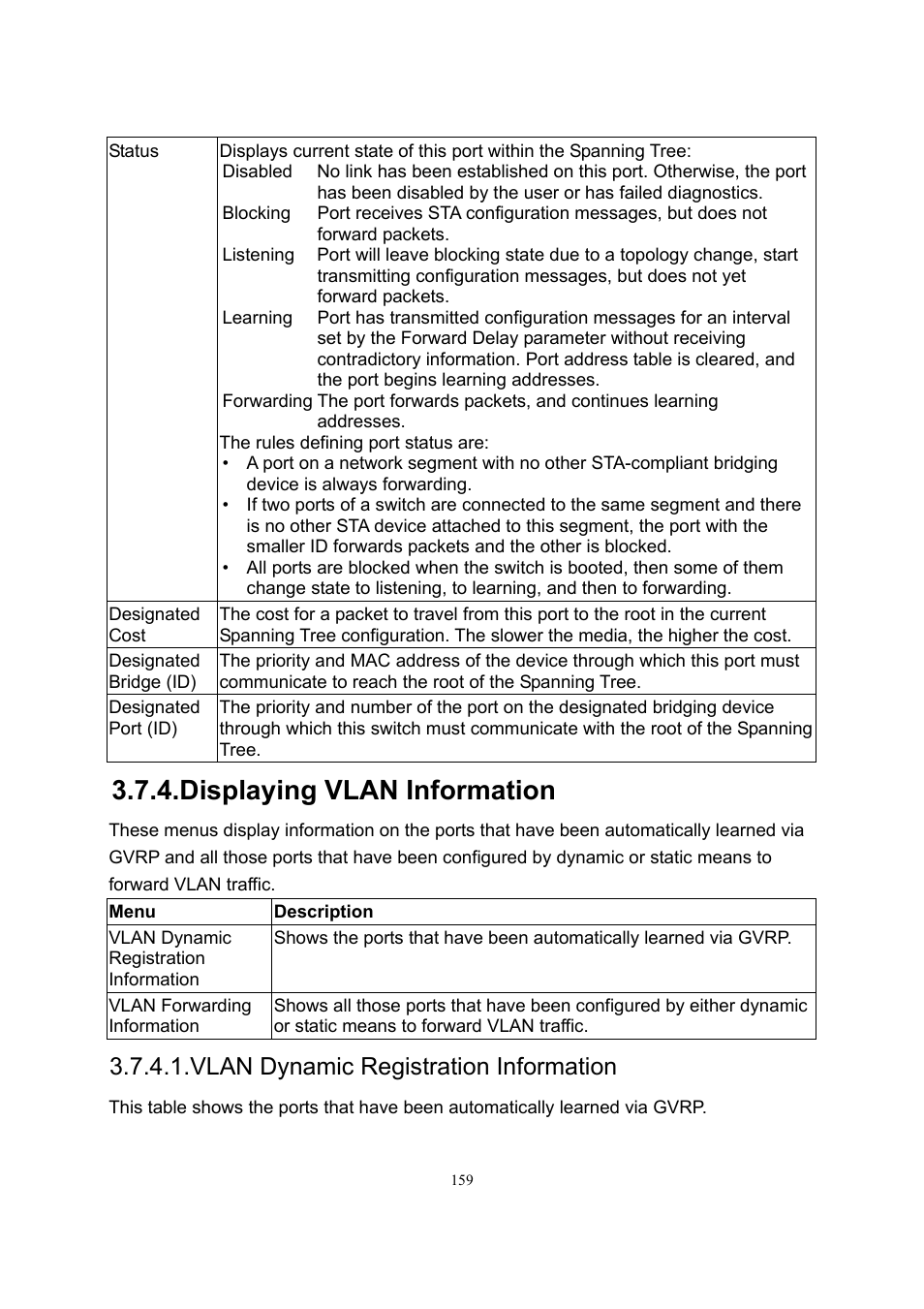 Displaying vlan information, Vlan dynamic registration information | LevelOne GSW-2600TXM User Manual | Page 159 / 200