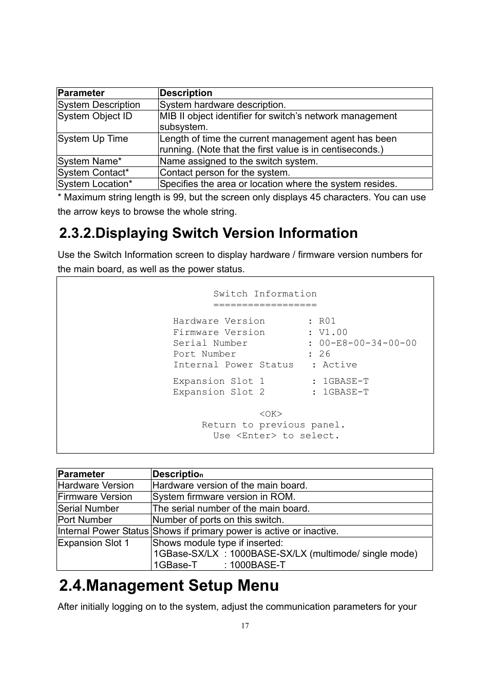 Management setup menu, Displaying switch version information | LevelOne GSW-2600TXM User Manual | Page 17 / 200