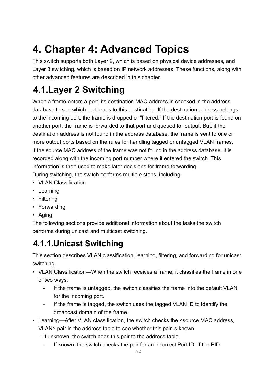 Chapter 4: advanced topics, Layer 2 switching, Unicast switching | LevelOne GSW-2600TXM User Manual | Page 172 / 200
