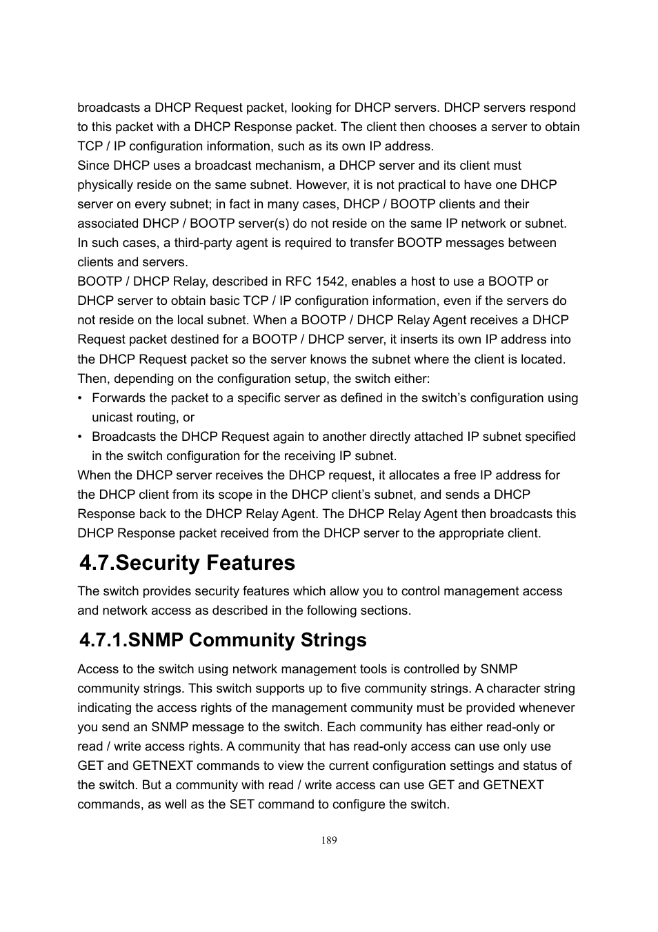 Security features, Snmp community strings | LevelOne GSW-2600TXM User Manual | Page 189 / 200