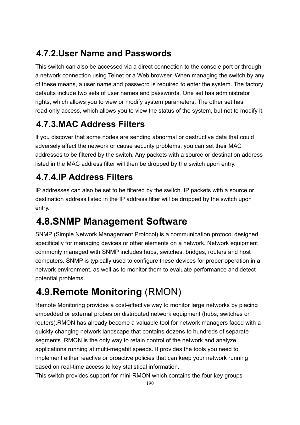 Snmp management software, Remote monitoring (rmon), User name and passwords | Mac address filters, Ip address filters | LevelOne GSW-2600TXM User Manual | Page 190 / 200