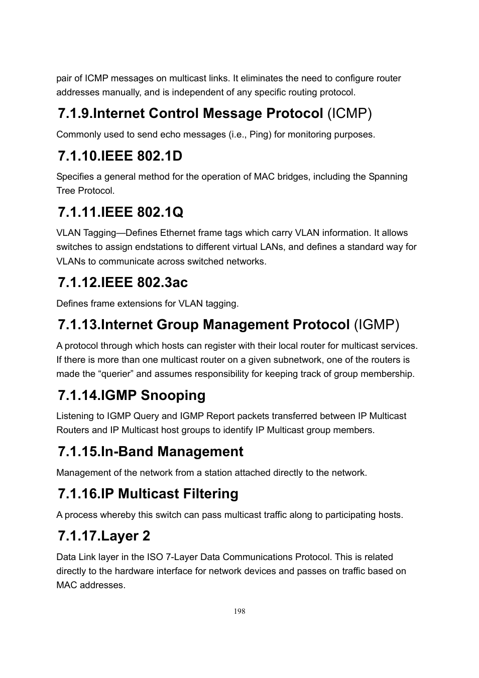 Internet control message protocol (icmp), Ieee 802.1d, Ieee 802.1q | Ieee 802.3ac, Internet group management protocol (igmp), Igmp snooping, In-band management, Ip multicast filtering, Layer 2 | LevelOne GSW-2600TXM User Manual | Page 198 / 200