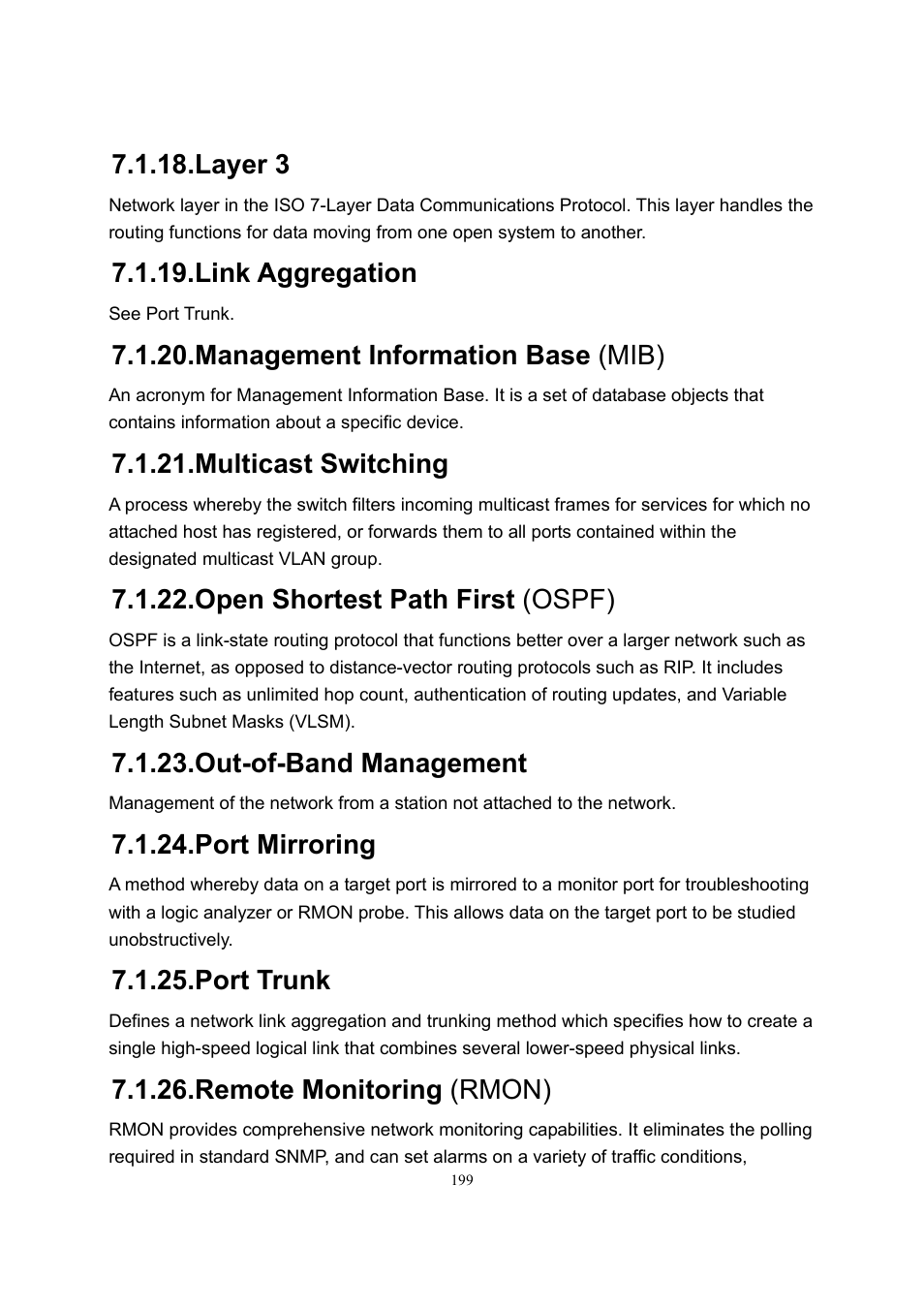 Layer 3, Link aggregation, Management information base (mib) | Multicast switching, Open shortest path first (ospf), Out-of-band management, Port mirroring, Port trunk, Remote monitoring (rmon) | LevelOne GSW-2600TXM User Manual | Page 199 / 200