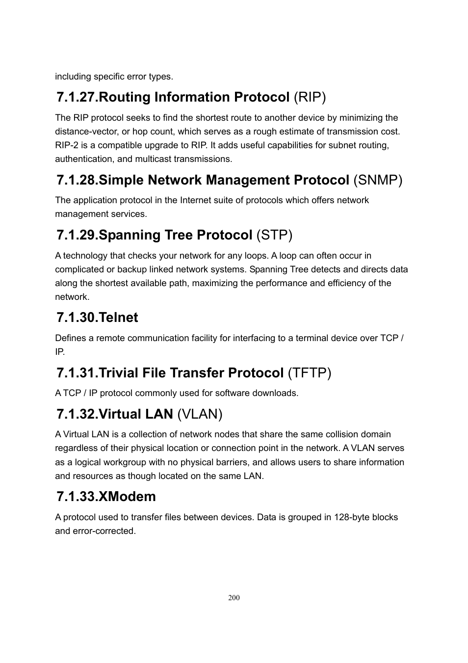 Routing information protocol (rip), Simple network management protocol (snmp), Spanning tree protocol (stp) | Telnet, Trivial file transfer protocol (tftp), Virtual lan (vlan), Xmodem | LevelOne GSW-2600TXM User Manual | Page 200 / 200