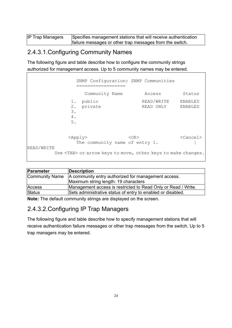 Configuring community names, Configuring ip trap managers | LevelOne GSW-2600TXM User Manual | Page 24 / 200