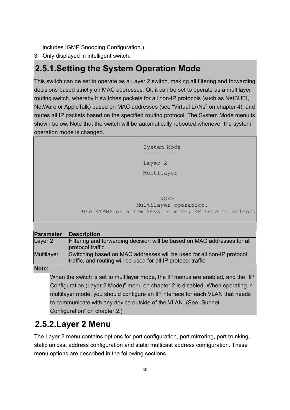 Setting the system operation mode, Layer 2 menu | LevelOne GSW-2600TXM User Manual | Page 30 / 200