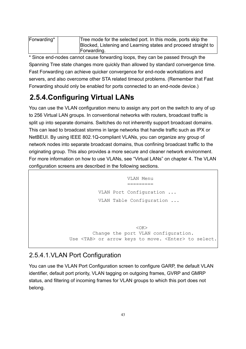 Configuring virtual lans, Vlan port configuration | LevelOne GSW-2600TXM User Manual | Page 43 / 200