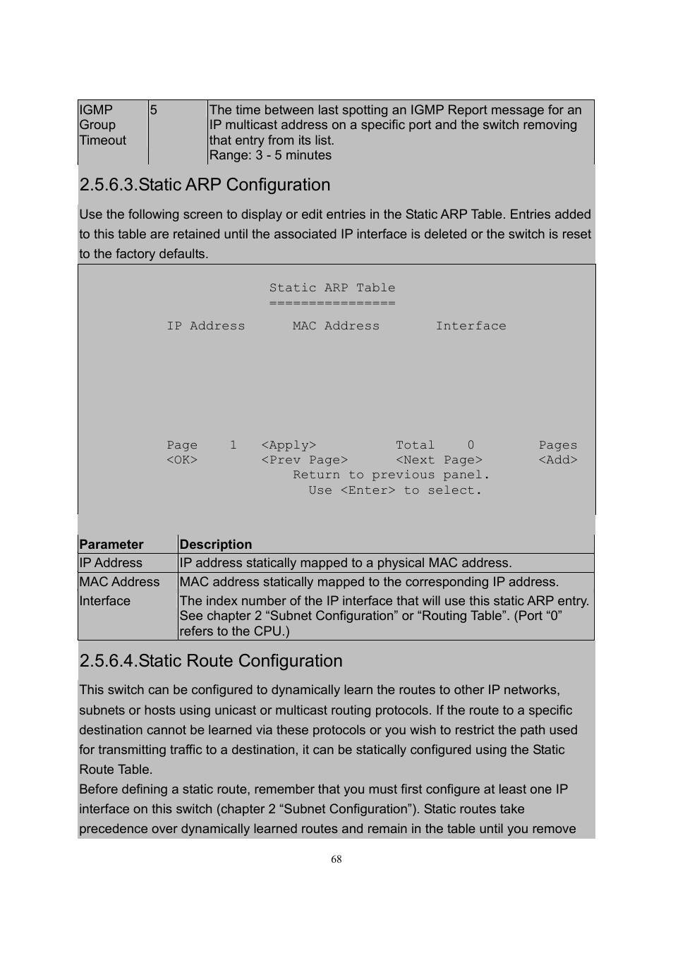 Static arp configuration, Static route configuration | LevelOne GSW-2600TXM User Manual | Page 68 / 200