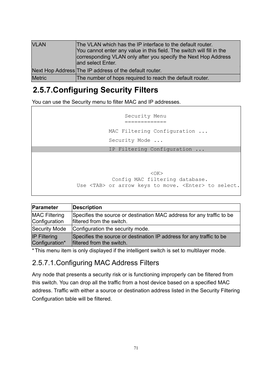 Configuring security filters, Configuring mac address filters | LevelOne GSW-2600TXM User Manual | Page 71 / 200