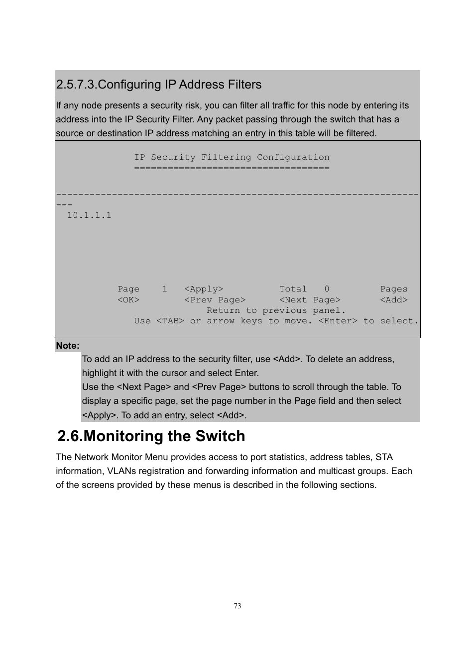 Monitoring the switch, Configuring ip address filters | LevelOne GSW-2600TXM User Manual | Page 73 / 200