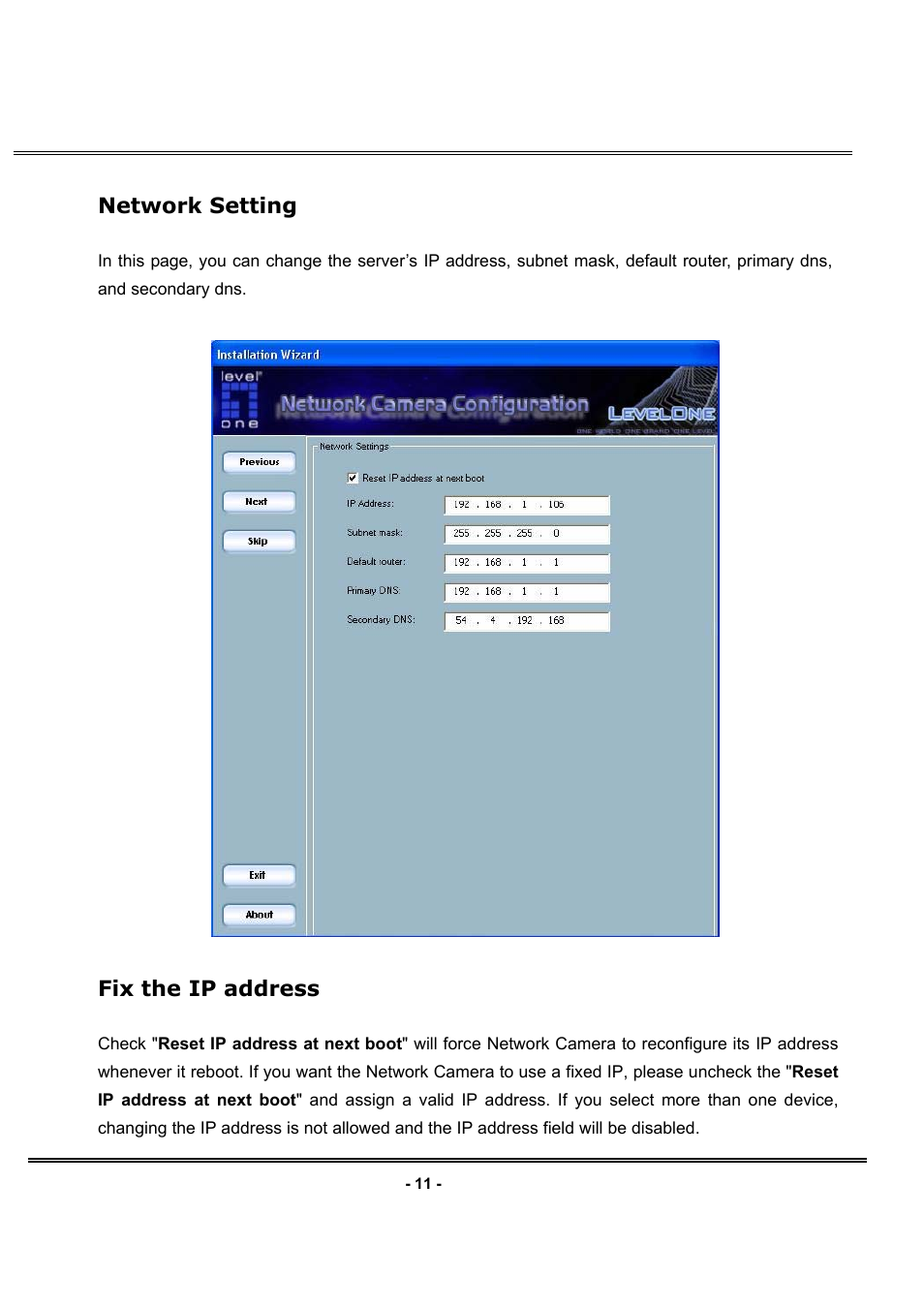 Network setting, Fix the ip address | LevelOne FCS-1030 User Manual | Page 19 / 73