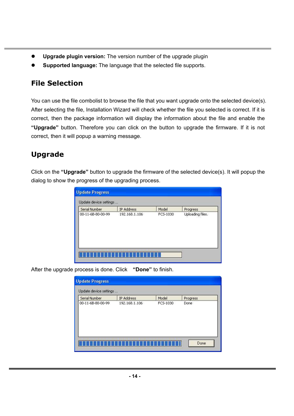 File selection, Upgrade | LevelOne FCS-1030 User Manual | Page 22 / 73