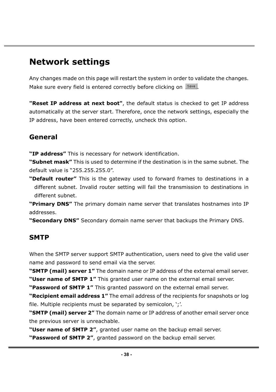 Network settings, General, Smtp | LevelOne FCS-1030 User Manual | Page 46 / 73