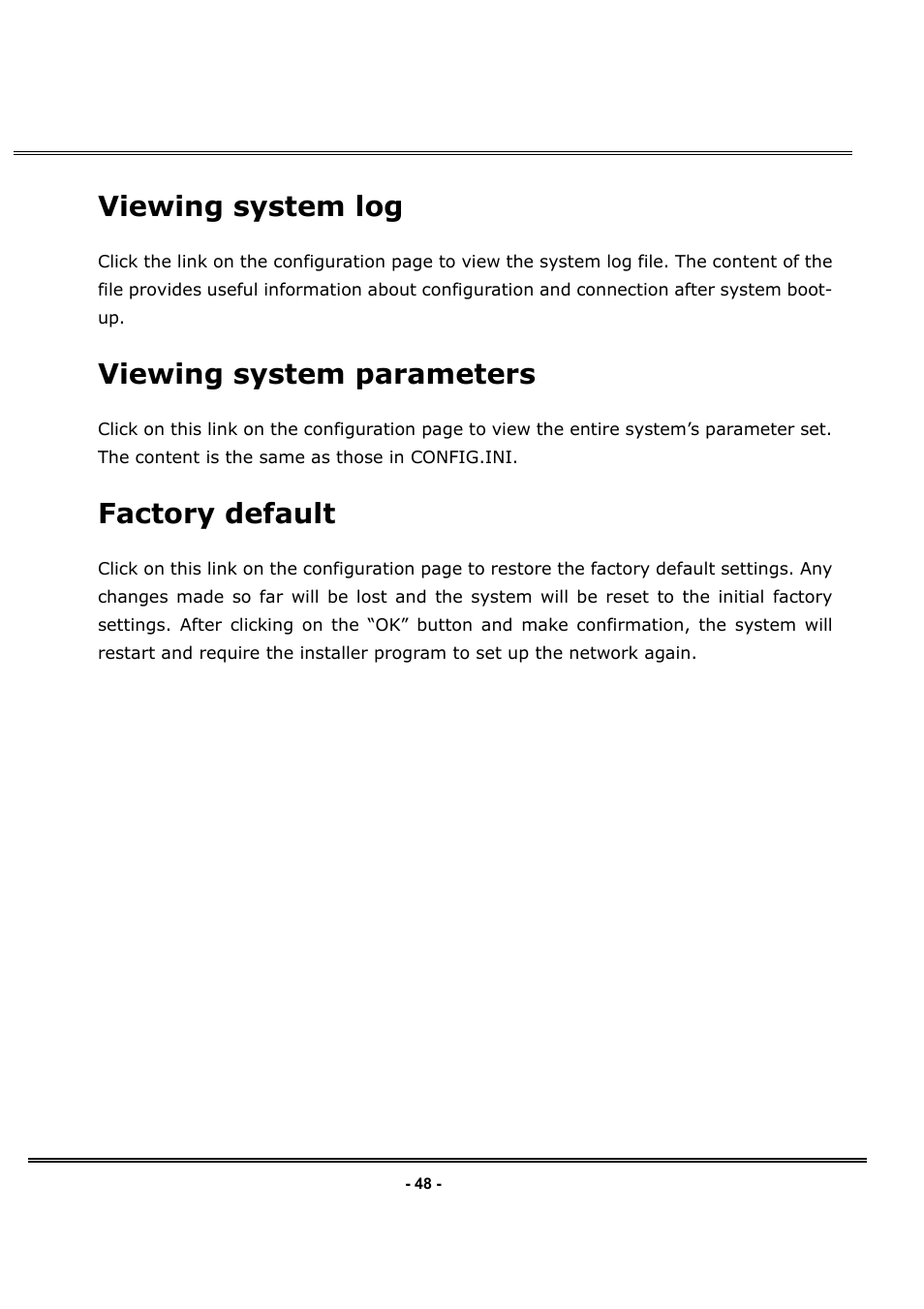 Viewing system log, Viewing system parameters, Factory default | LevelOne FCS-1030 User Manual | Page 56 / 73