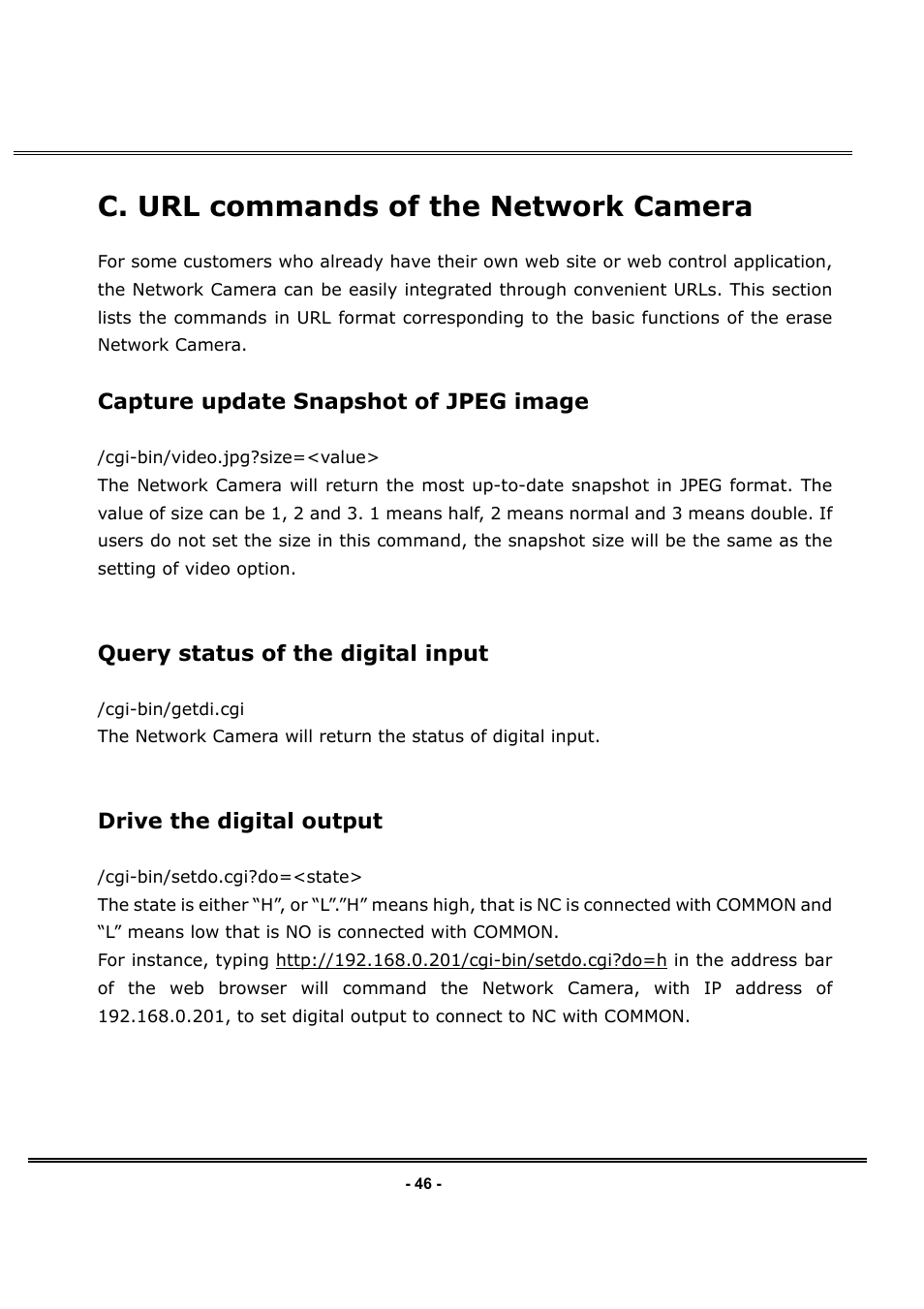 C. url commands of the network camera, Capture update snapshot of jpeg image, Query status of the digital input | Drive the digital output | LevelOne FCS-1030 User Manual | Page 61 / 73