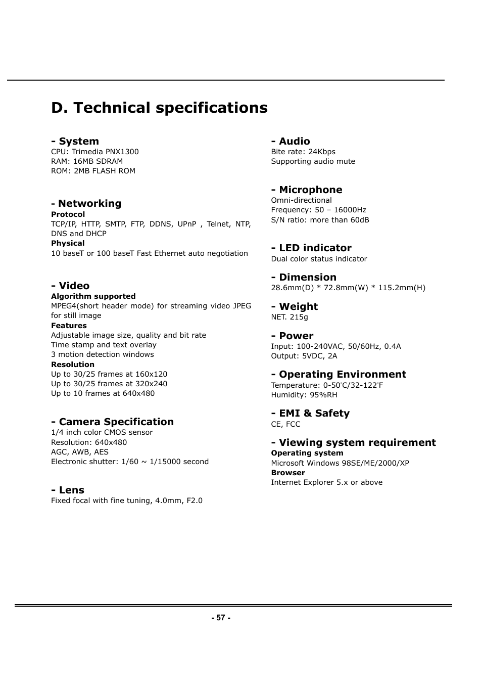 D. technical specifications | LevelOne FCS-1030 User Manual | Page 72 / 73