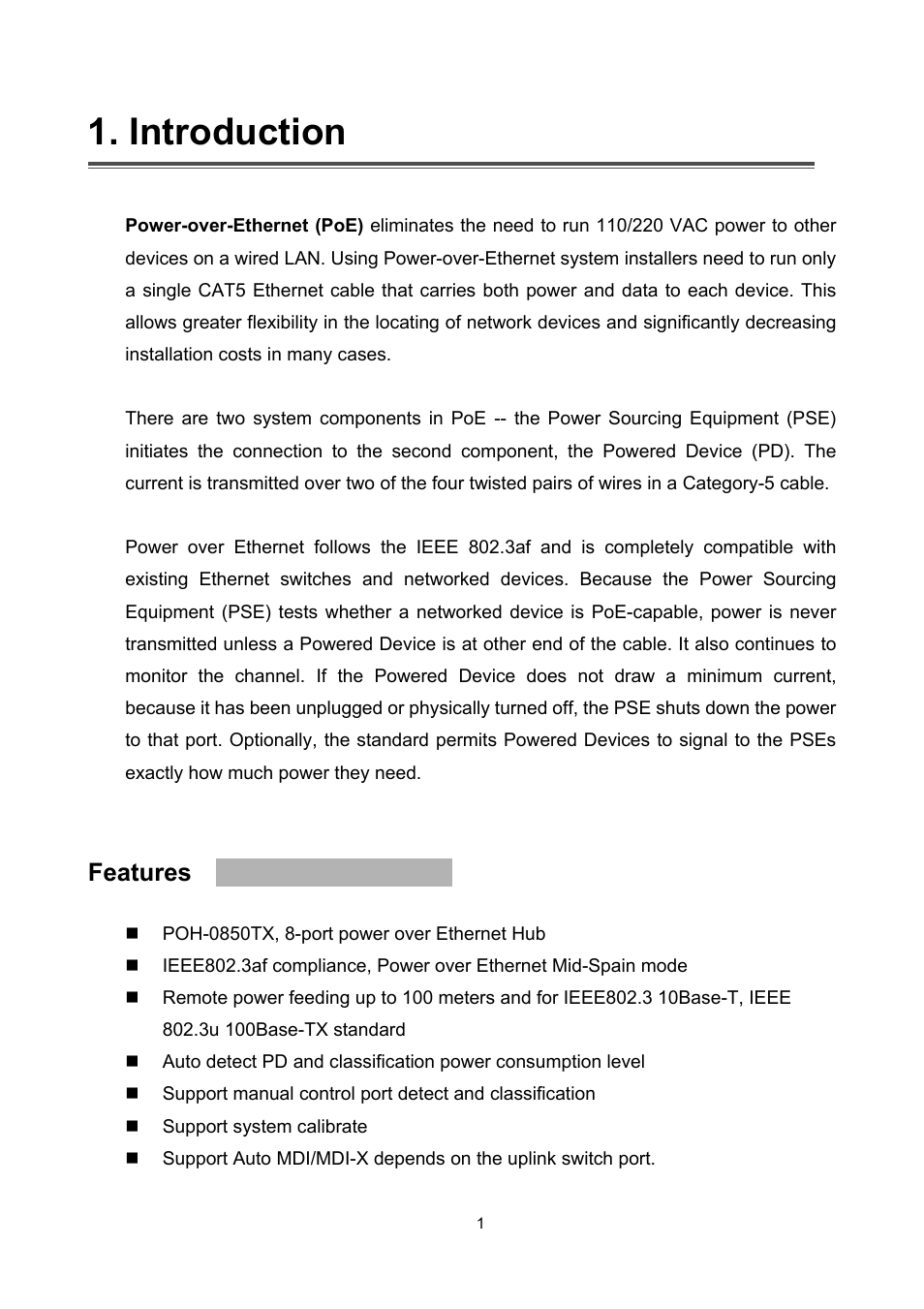 Introduction, Features | LevelOne MIDSPAN POH-0850TX User Manual | Page 3 / 21