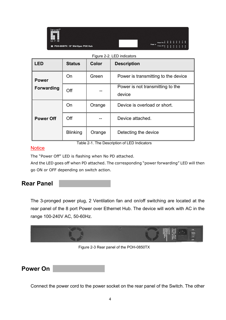 Rear panel, Power on | LevelOne MIDSPAN POH-0850TX User Manual | Page 6 / 21