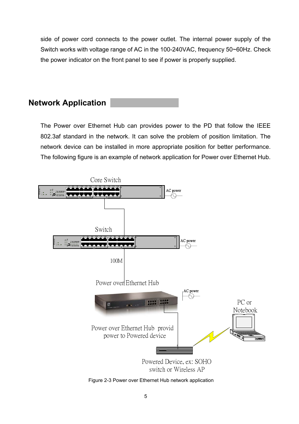 Network application, Powered device, ex: soho switch or wireless ap, 100m | Powerfault data alarm | LevelOne MIDSPAN POH-0850TX User Manual | Page 7 / 21