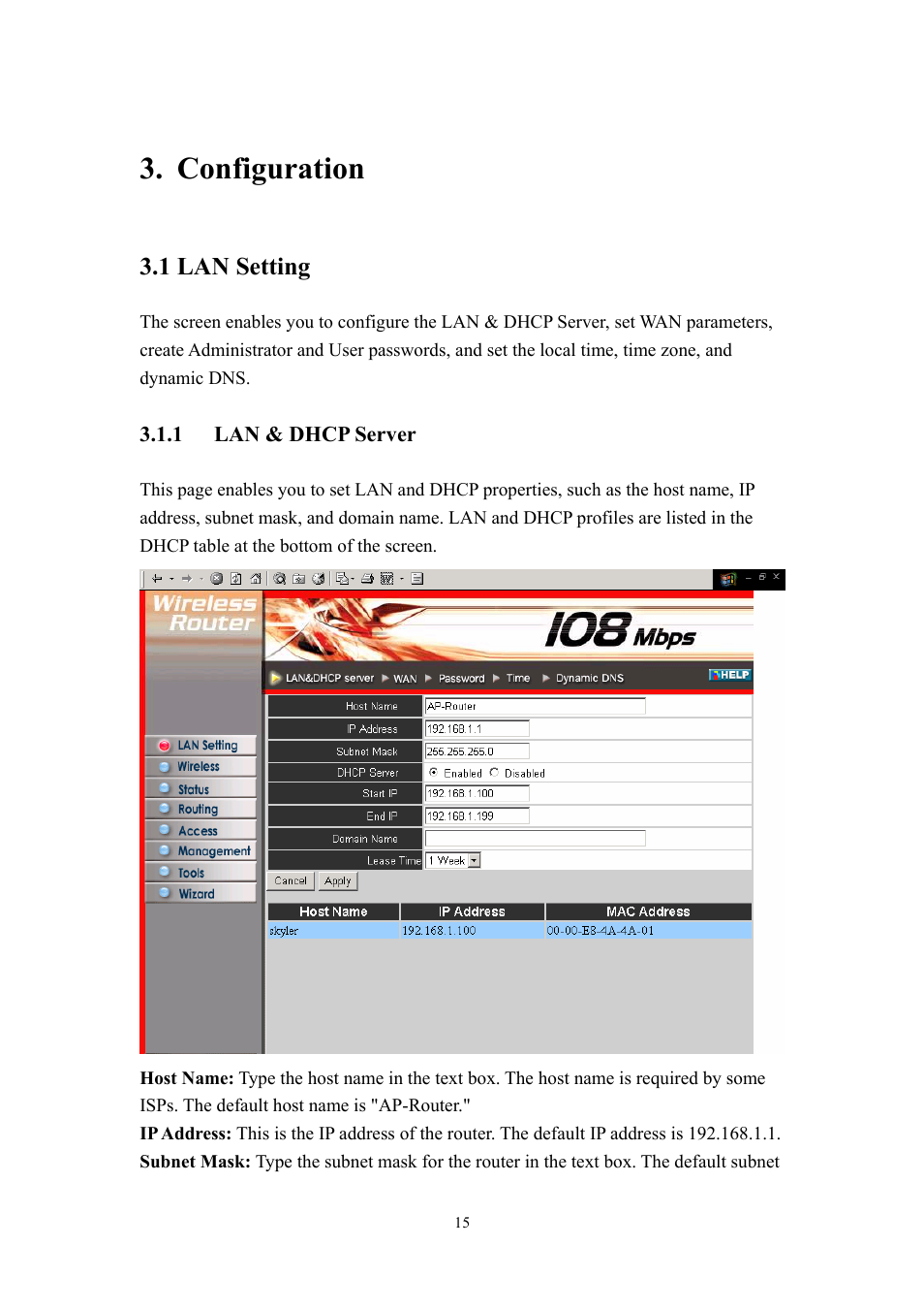 Configuration, 1 lan, Setting | Lan & dhcp server, 1 lan setting | LevelOne WBR-3405TX User Manual | Page 15 / 56