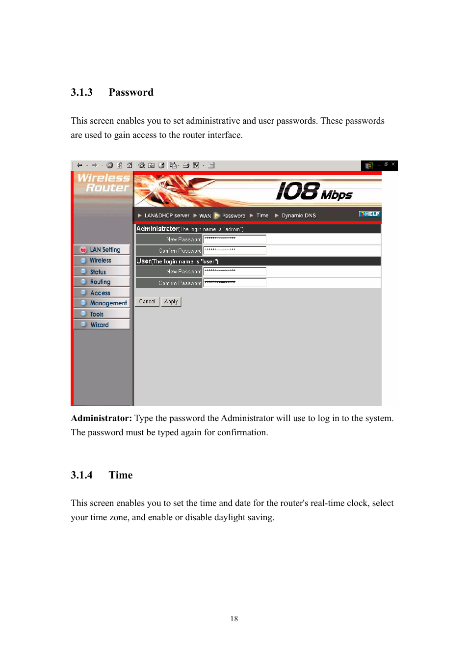 3 password 3.1.4 time | LevelOne WBR-3405TX User Manual | Page 18 / 56