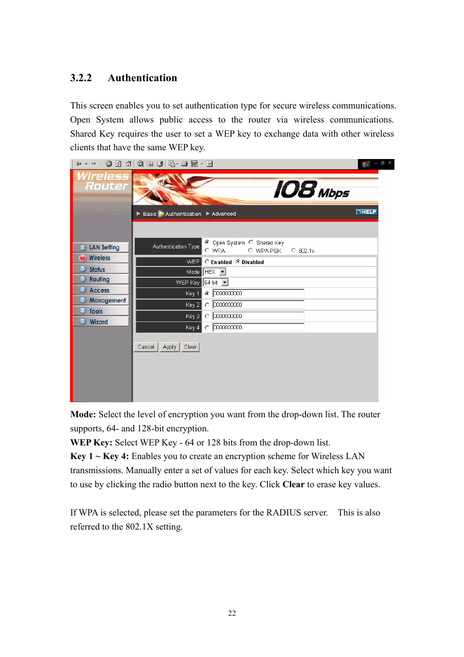 2 authentication | LevelOne WBR-3405TX User Manual | Page 22 / 56