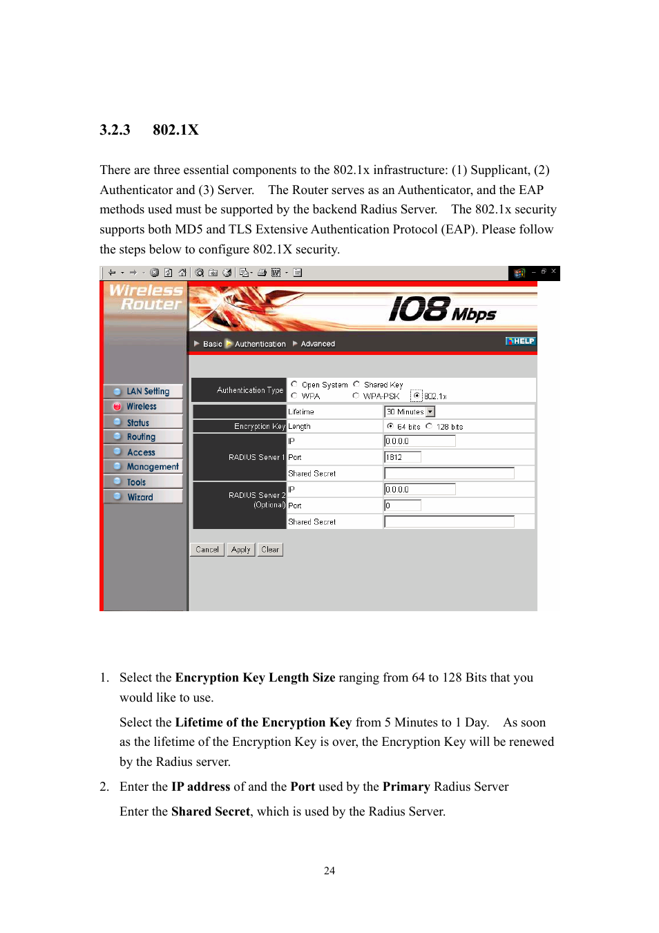 3 802.1x | LevelOne WBR-3405TX User Manual | Page 24 / 56