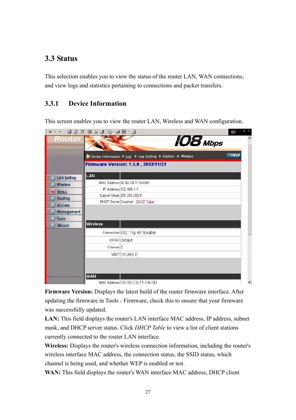 3 status, 1 device, Information | LevelOne WBR-3405TX User Manual | Page 27 / 56
